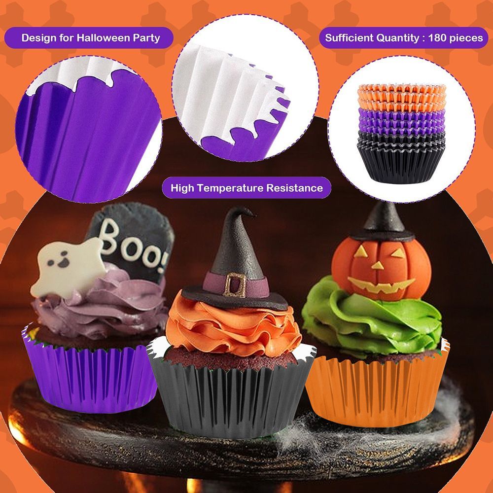 300 Pcs Halloween Foil  Liners Black Purple Orange Foil Metallic Cupcake Wrappers Halloween Party Standard For Halloween Party Birthday