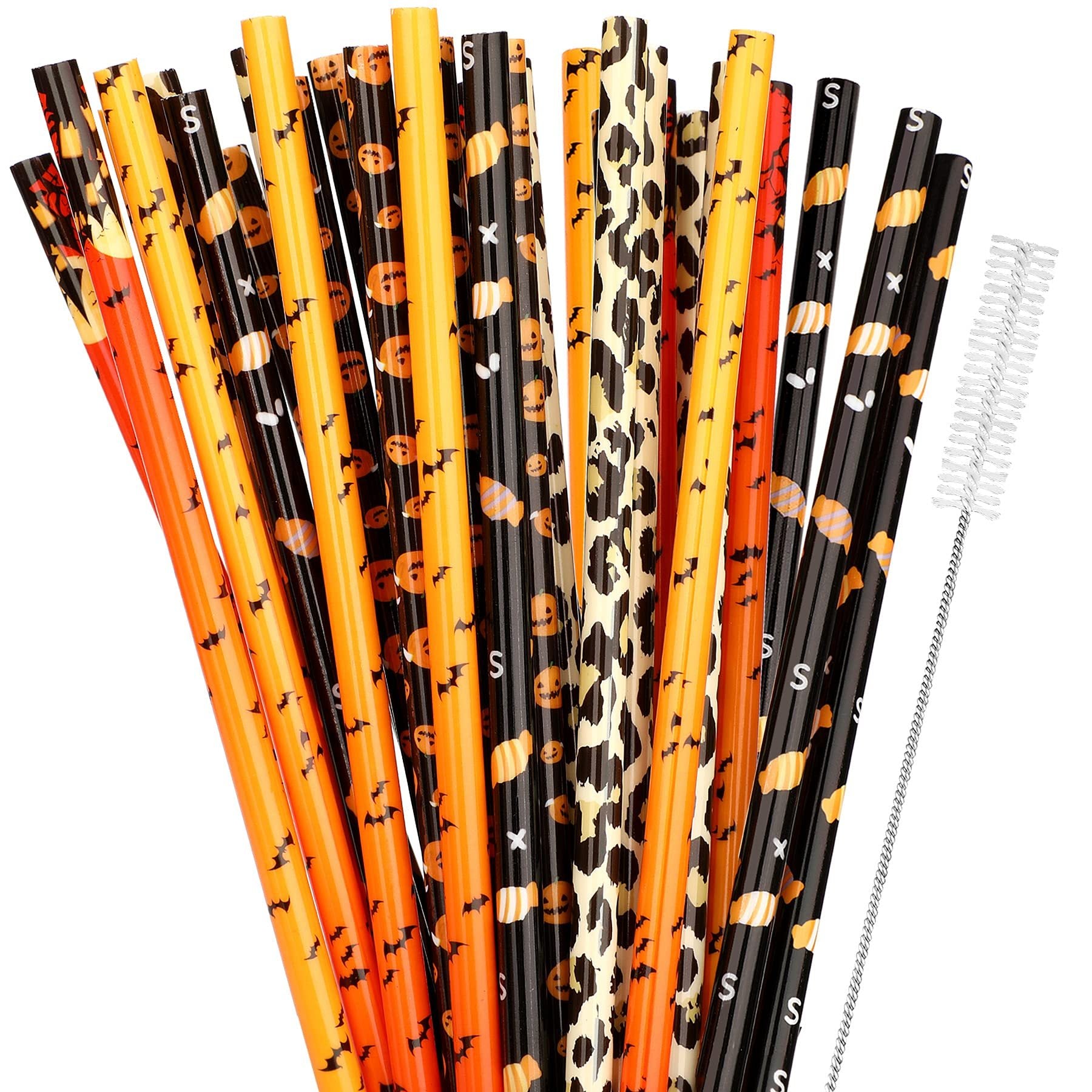 40 Pack Of 9 Inch BPA-Free Halloween Reusable Straws With Colorful Stripe Print Hard Straws For Mason Jars, Mason Glasses