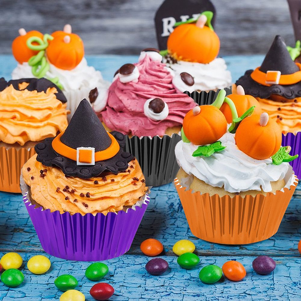 300 Pcs Halloween Foil  Liners Black Purple Orange Foil Metallic Cupcake Wrappers Halloween Party Standard For Halloween Party Birthday