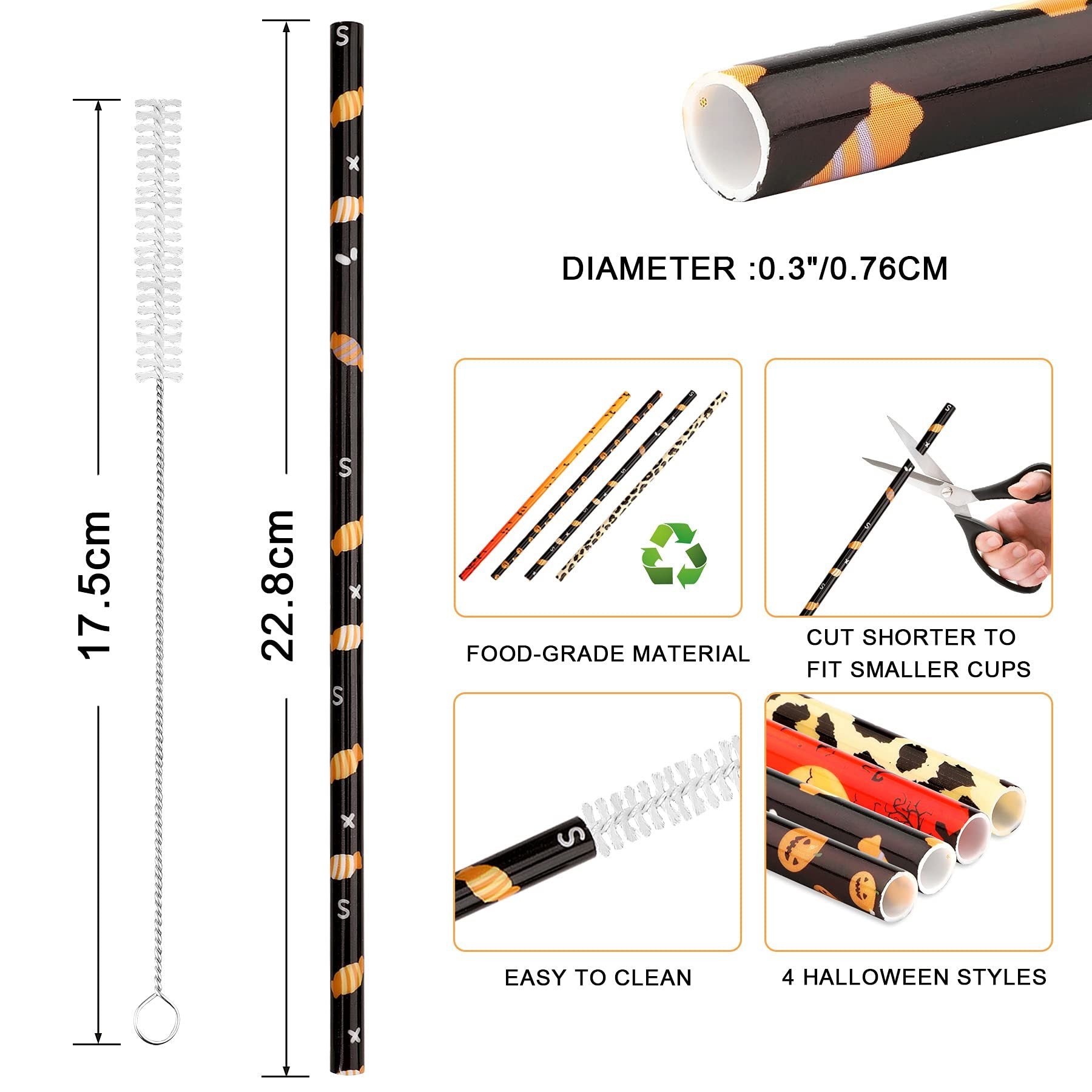 40 Pack Of 9 Inch BPA-Free Halloween Reusable Straws With Colorful Stripe Print Hard Straws For Mason Jars, Mason Glasses