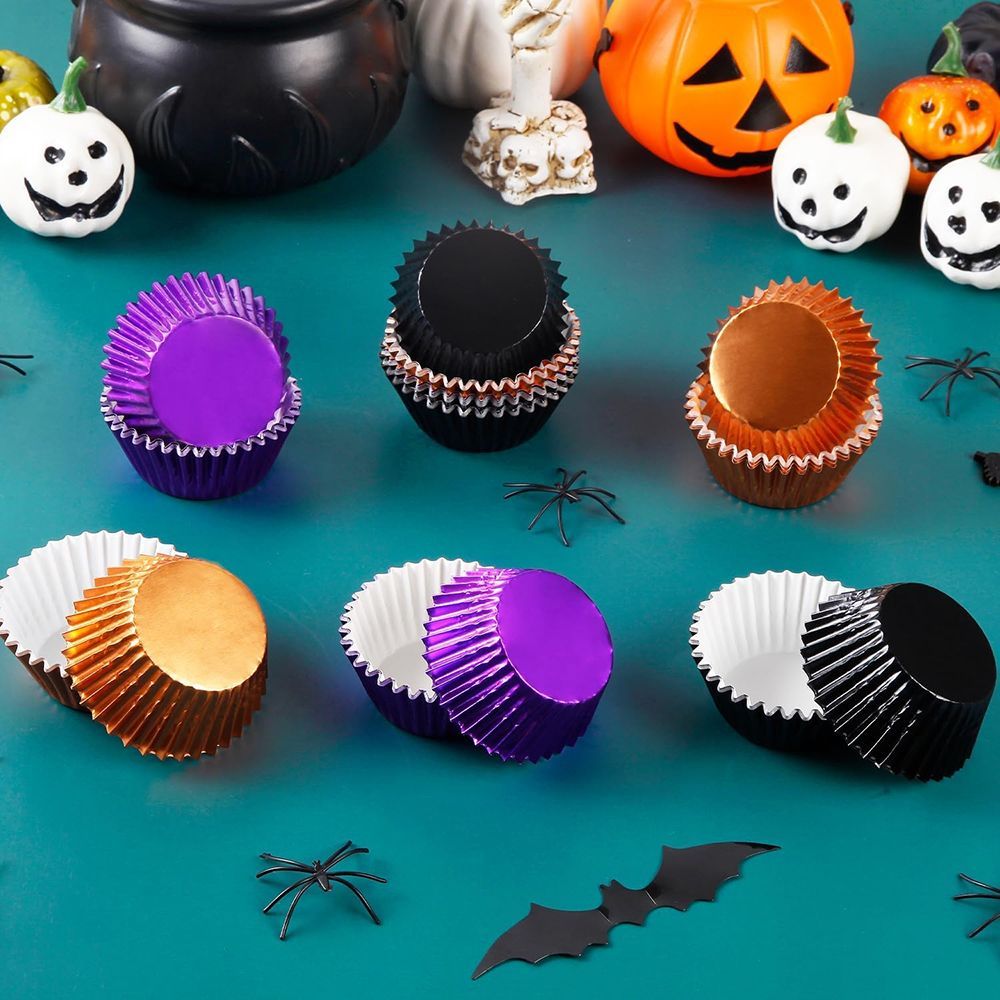 300 Pcs Halloween Foil  Liners Black Purple Orange Foil Metallic Cupcake Wrappers Halloween Party Standard For Halloween Party Birthday