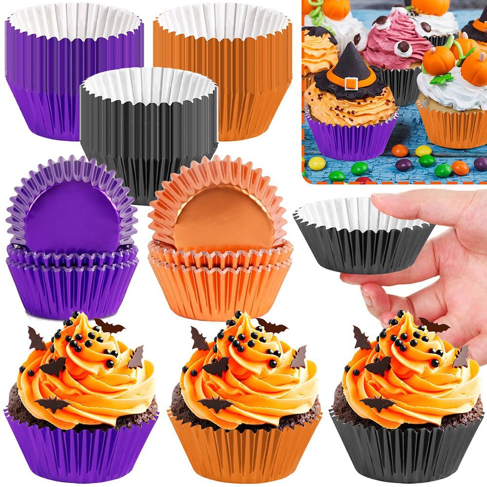300 Pcs Halloween Foil  Liners Black Purple Orange Foil Metallic Cupcake Wrappers Halloween Party Standard For Halloween Party Birthday