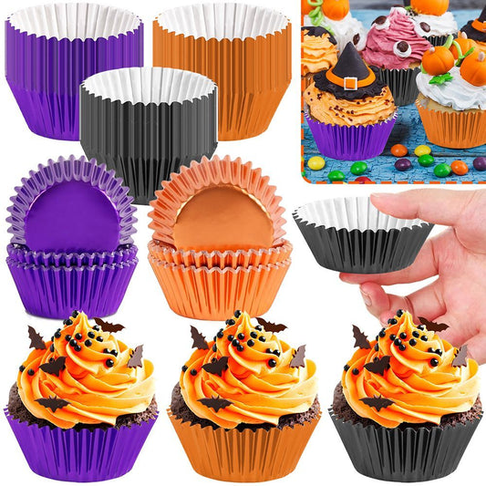 300 Pcs Halloween Foil  Liners Black Purple Orange Foil Metallic Cupcake Wrappers Halloween Party Standard For Halloween Party Birthday