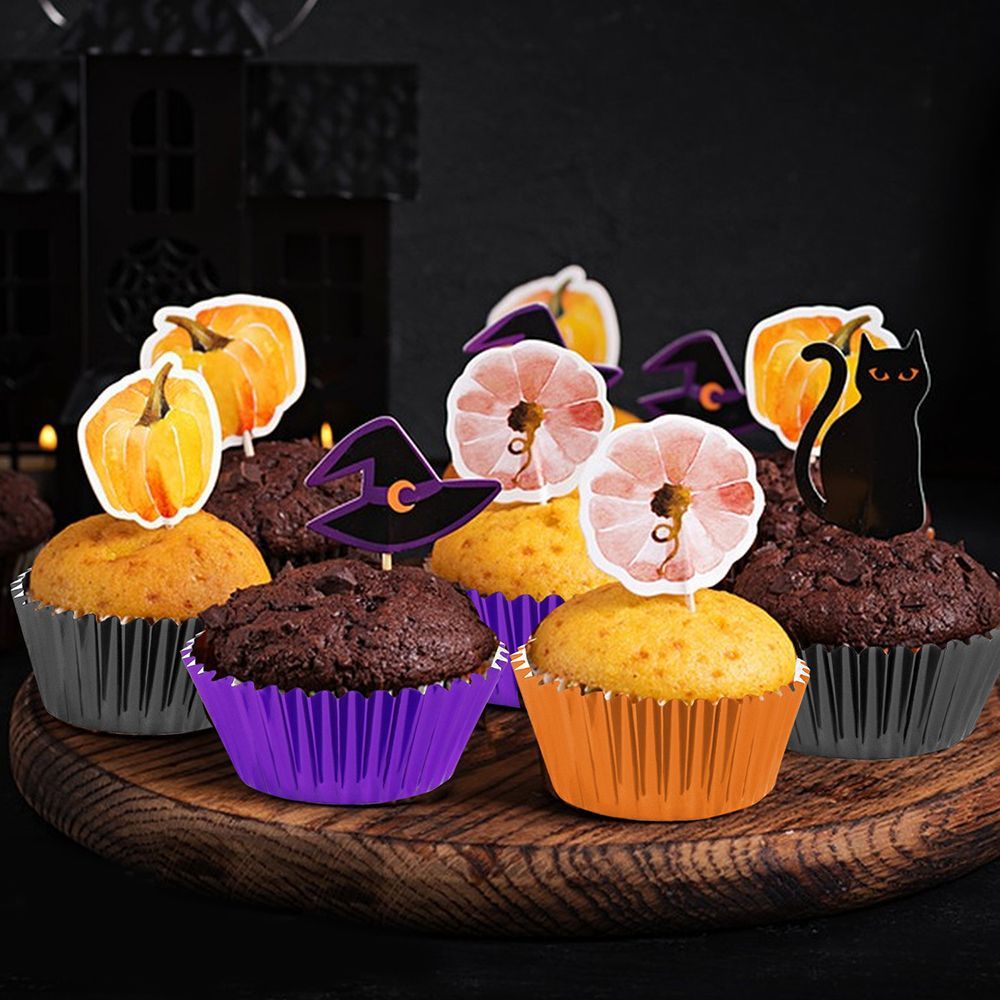 300 Pcs Halloween Foil  Liners Black Purple Orange Foil Metallic Cupcake Wrappers Halloween Party Standard For Halloween Party Birthday