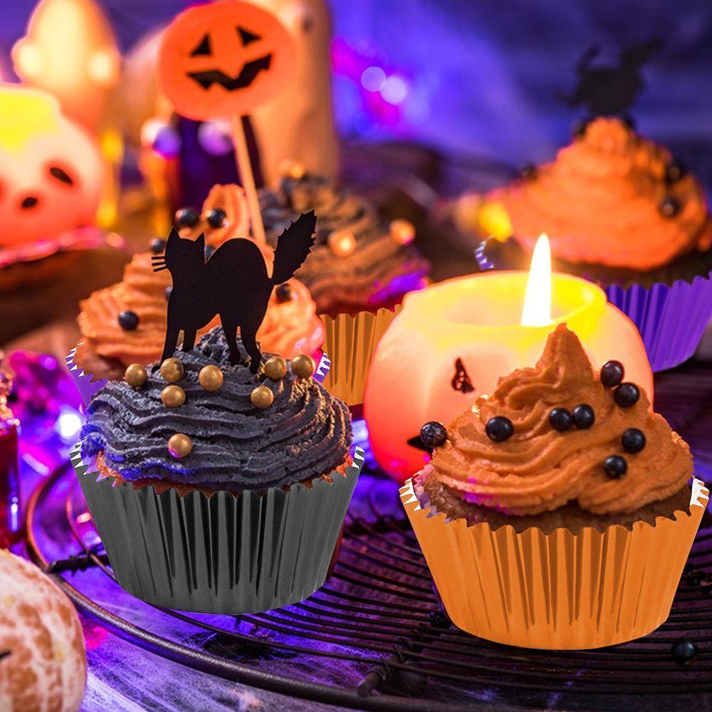 300 Pcs Halloween Foil  Liners Black Purple Orange Foil Metallic Cupcake Wrappers Halloween Party Standard For Halloween Party Birthday