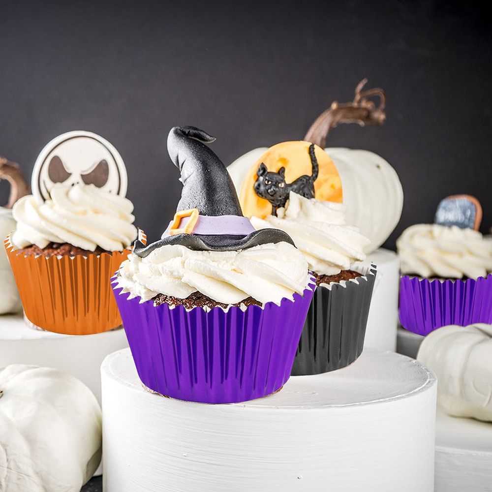 300 Pcs Halloween Foil  Liners Black Purple Orange Foil Metallic Cupcake Wrappers Halloween Party Standard For Halloween Party Birthday