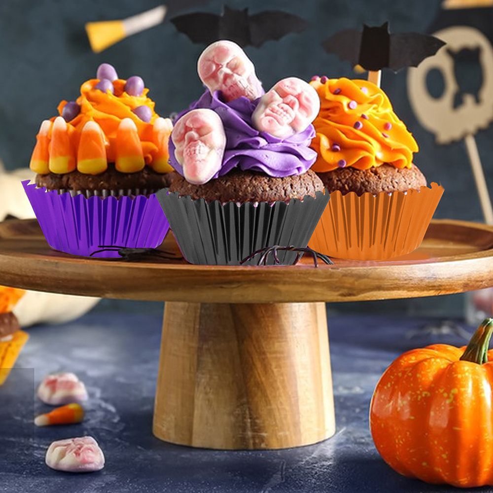 300 Pcs Halloween Foil  Liners Black Purple Orange Foil Metallic Cupcake Wrappers Halloween Party Standard For Halloween Party Birthday